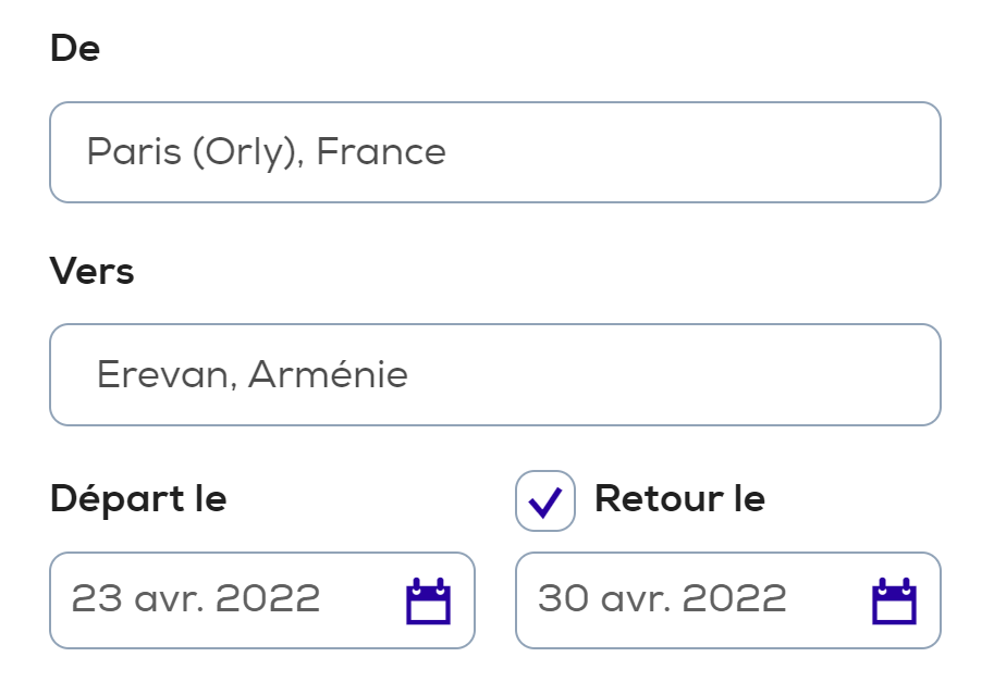 Transavia Yerevan-Paris flight search box
