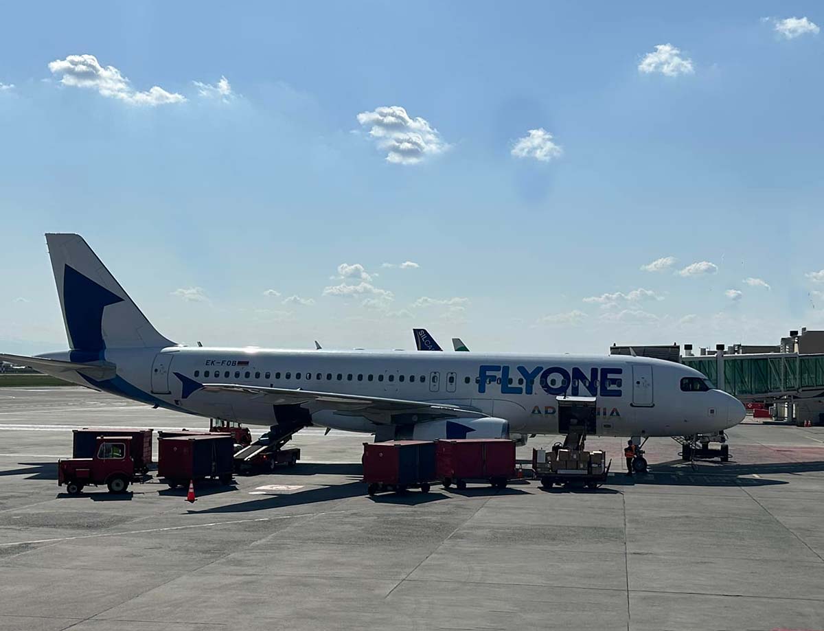 FLYONE ARMENIA airline's aircraft parked in the Zvartnots Airport, Yerevan